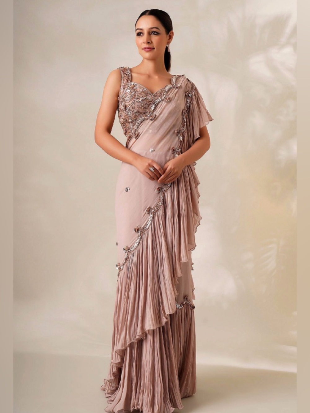 Embellished Dusty Rose Pre Draped Sari Dress - Medium